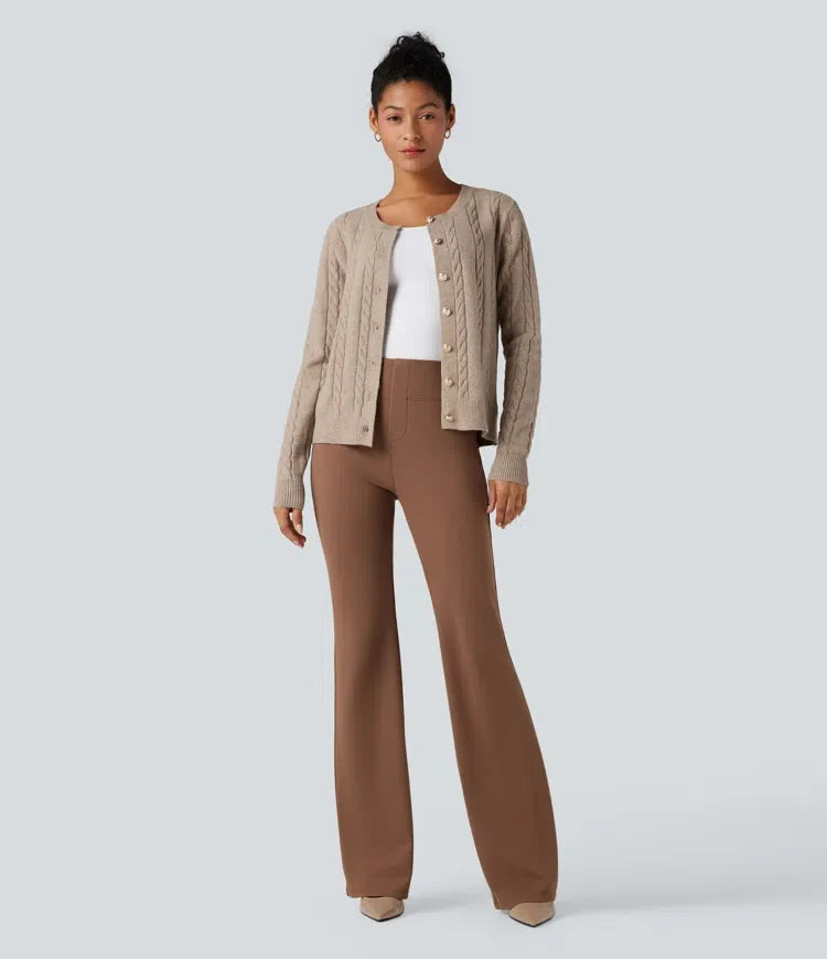 Round Neck Long Sleeve Cable Knit Work Cardigan