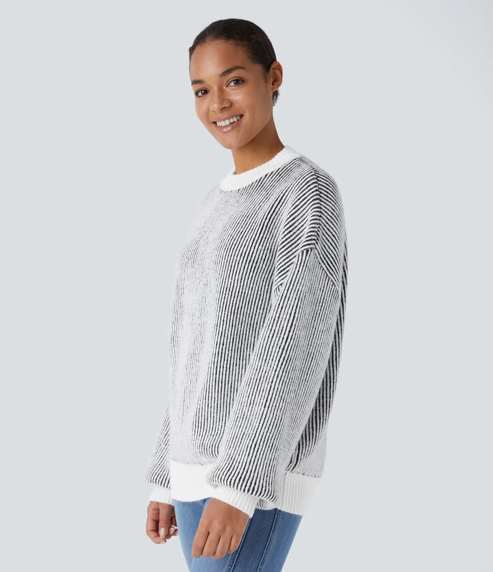 Round Neck Long Sleeve Color Block Stripe Casual Sweater