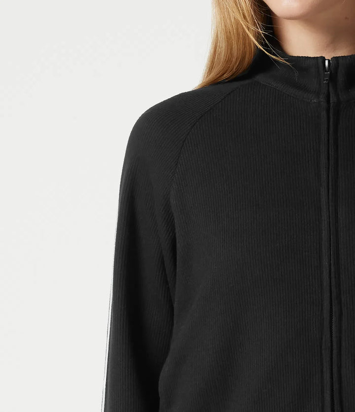 Ribbed Stand Collar Zipper Long Sleeve Color Block Casual Jacket with Pockets