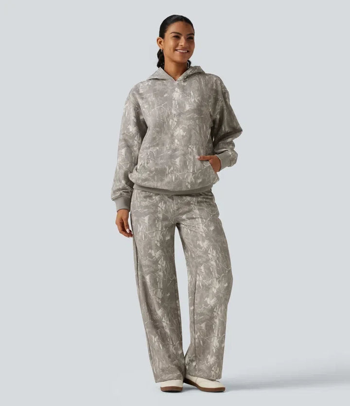 Mid Rise Straight Leg Patterned Inner Drawstring Fleece Casual Sweatpants with Pockets