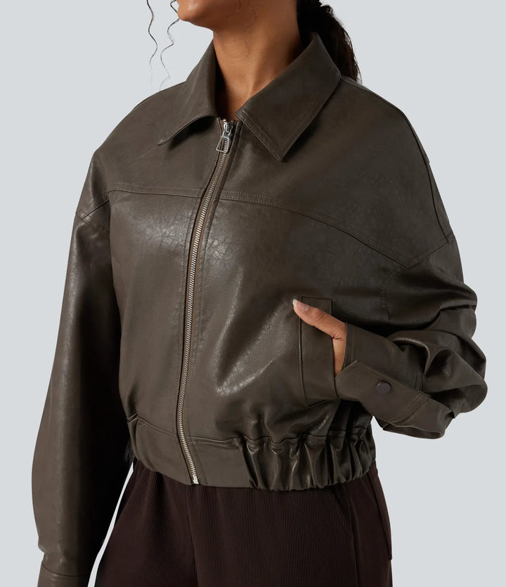 Zipper Long Sleeve Casual Faux Leather Jacket with Pockets