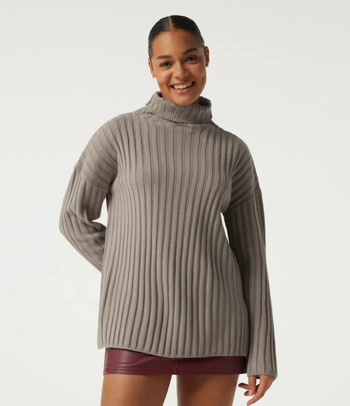 Ribbed Knit High Neck Dropped Long Sleeve Work Sweater