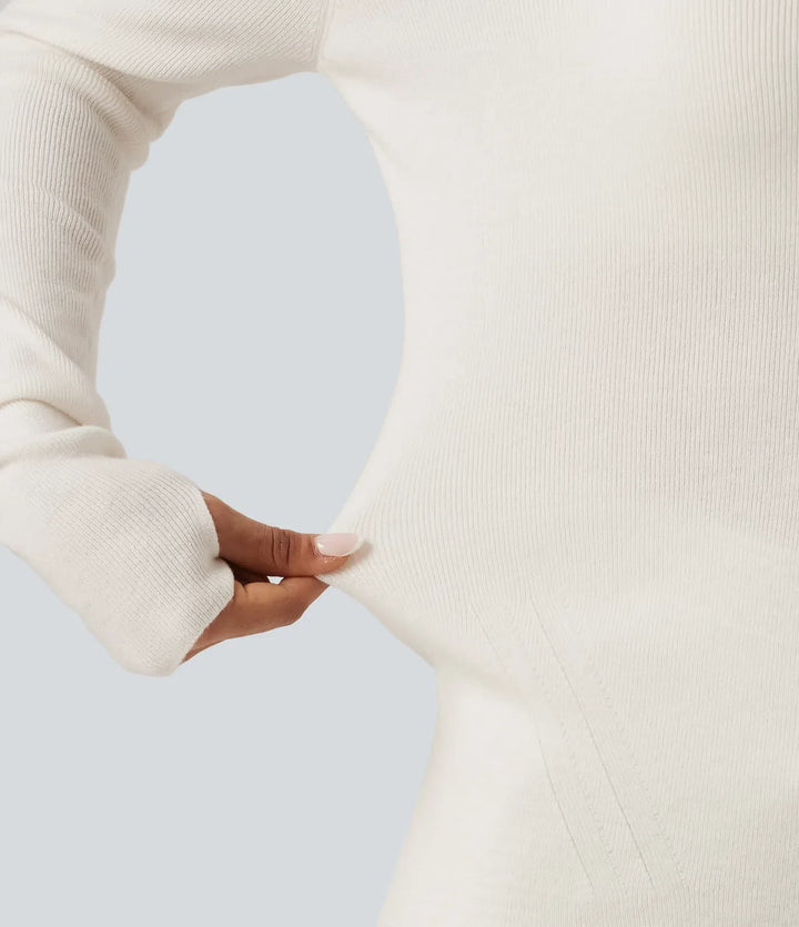 Round Neck Long Sleeve Thumb Hole Slim Work Sweater