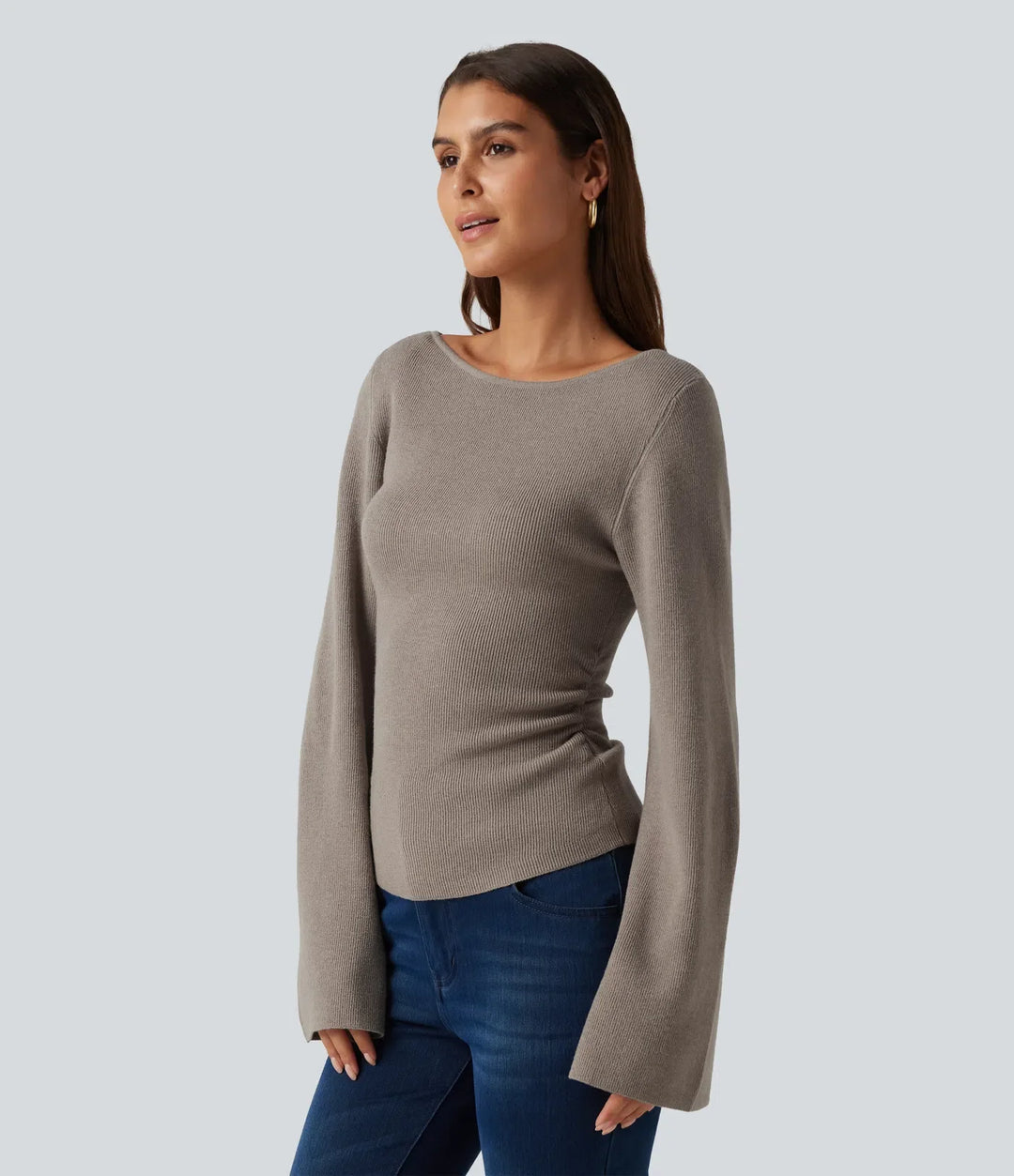 Boat Neck Flounce Long Sleeve Casual Sweater
