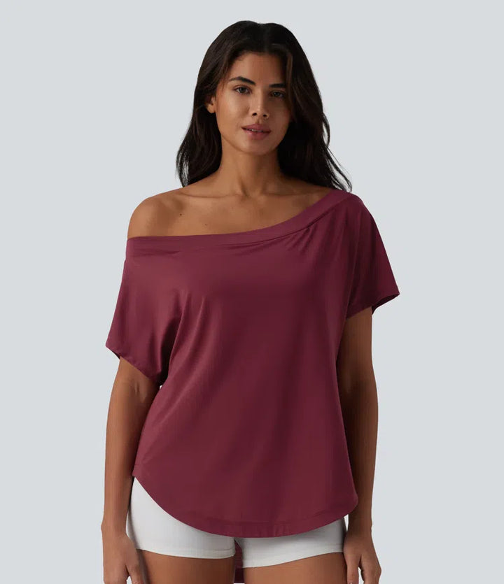 One Shoulder Short Sleeve Curved Hem High Low Quick Dry Yoga Sports Top-Built-in Bra