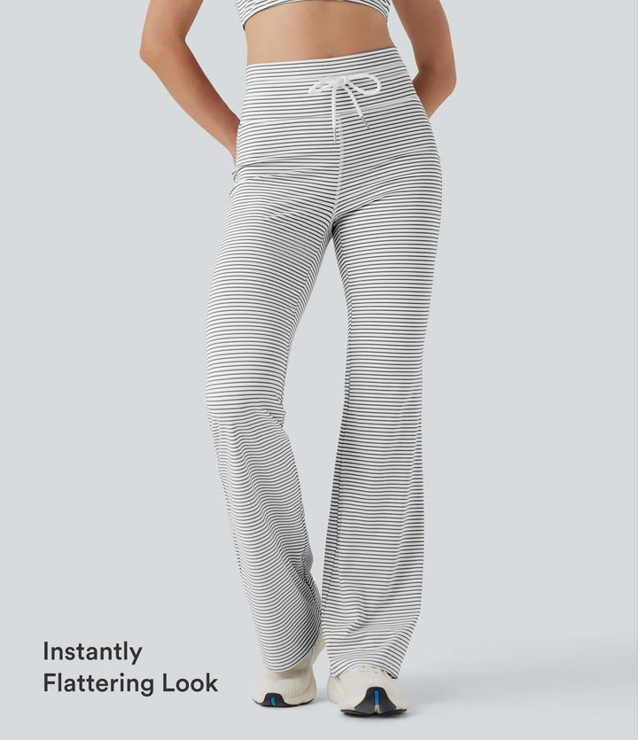 High Waisted Drawstring Stripe Flare Yoga Pants with Pockets