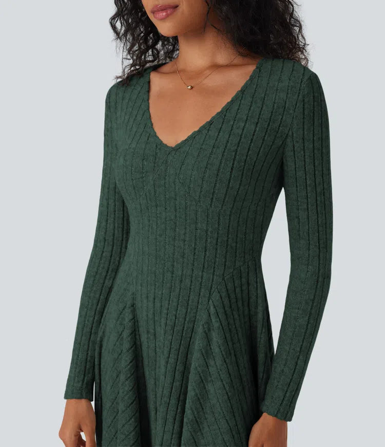 Ribbed Knit V Neck Long Sleeve Flare Mini Casual Dress