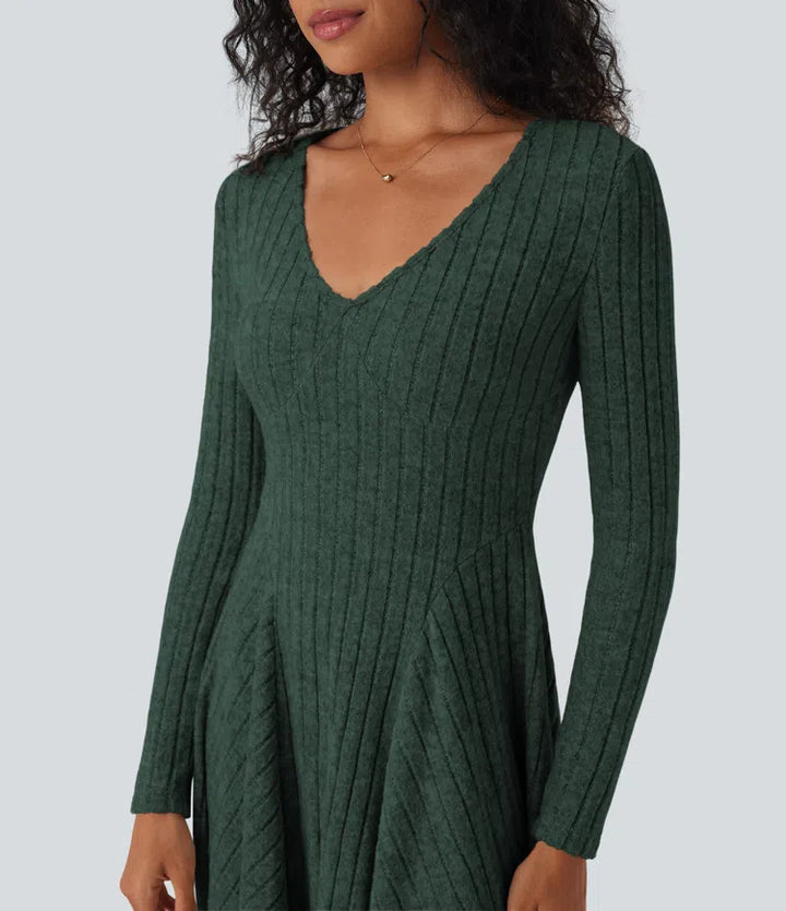 Ribbed Knit V Neck Long Sleeve Flare Mini Casual Dress