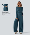 Boat Neck Long Sleeve Wide Leg Ruched Casual Jumpsuit with Pockets-Easy Peezy Edition