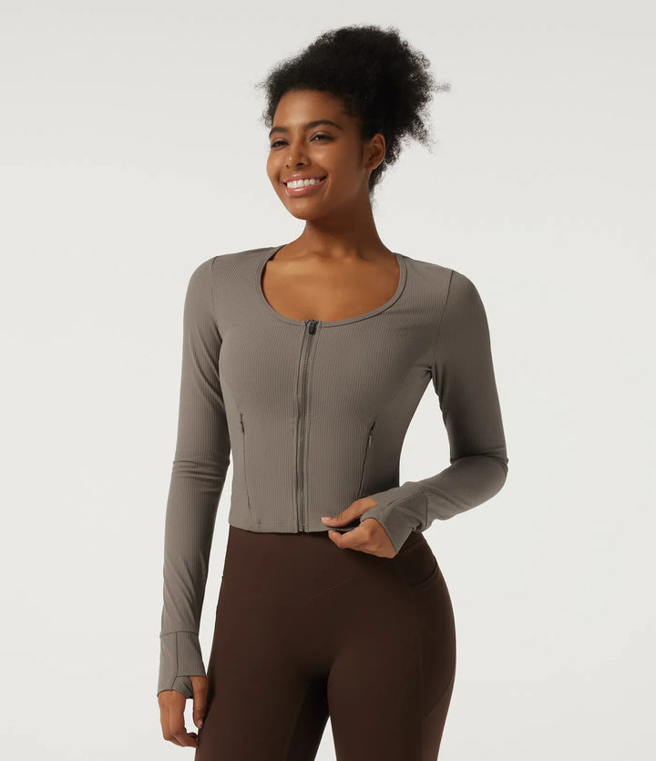 Ribbed Knit Round Neck Long Sleeve Yoga Track Jacket with Pockets and ThumbHoles