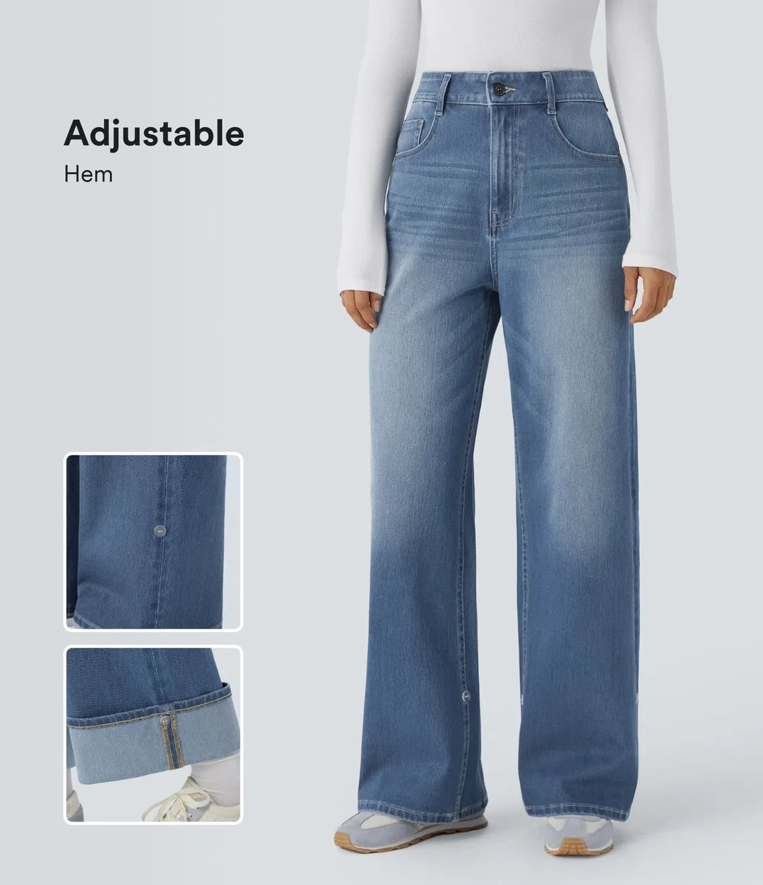 Halara Flex High Waisted Pockets Adjustable Hem Wide Leg Washed Casual Jeans