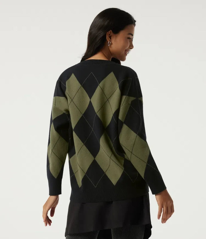 V Neck Long Sleeve Diamond Check Casual Cardigan