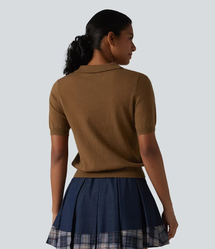 Polo Neck Short Sleeve Wool-Blend Casual Sweater
