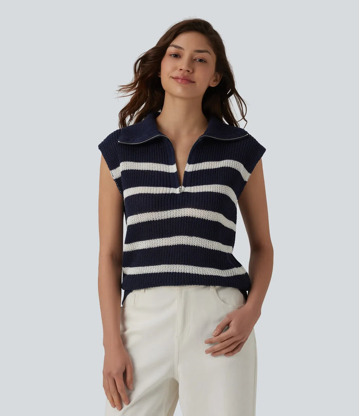 Half Zip Sleeveless Stripe Casual Sweater