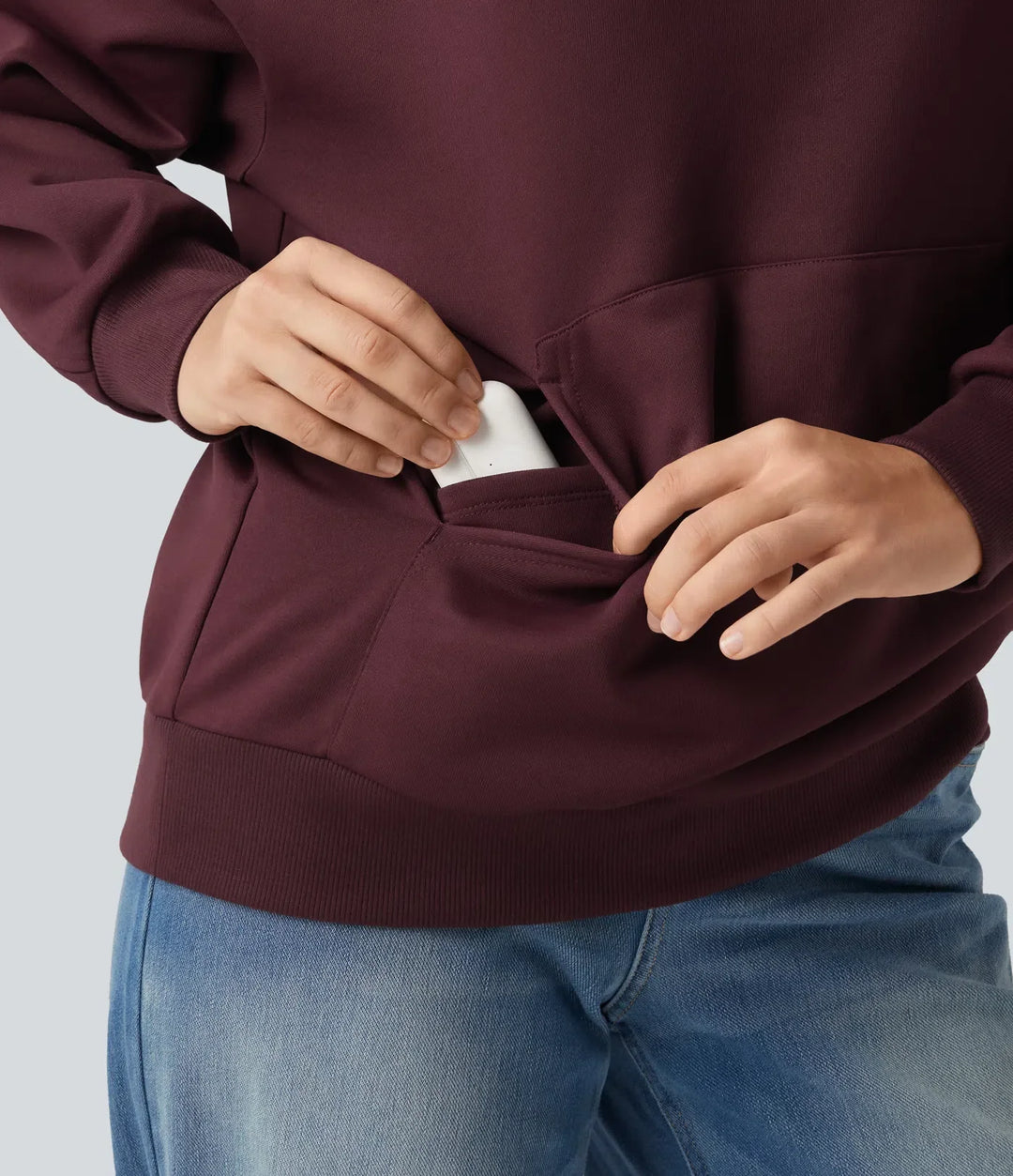 Hooded Crossover Dropped Long Sleeve Fleece Casual Sweatshirt with Pocket