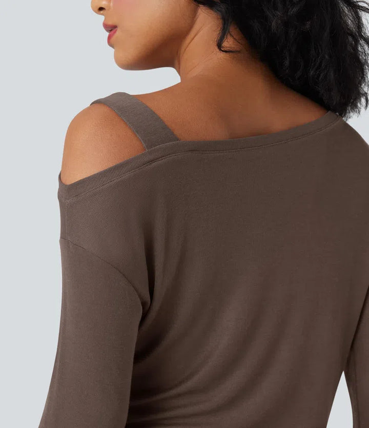 One-Shoulder Long Sleeve Asymmetrical Casual Wool-Blend T-Shirt