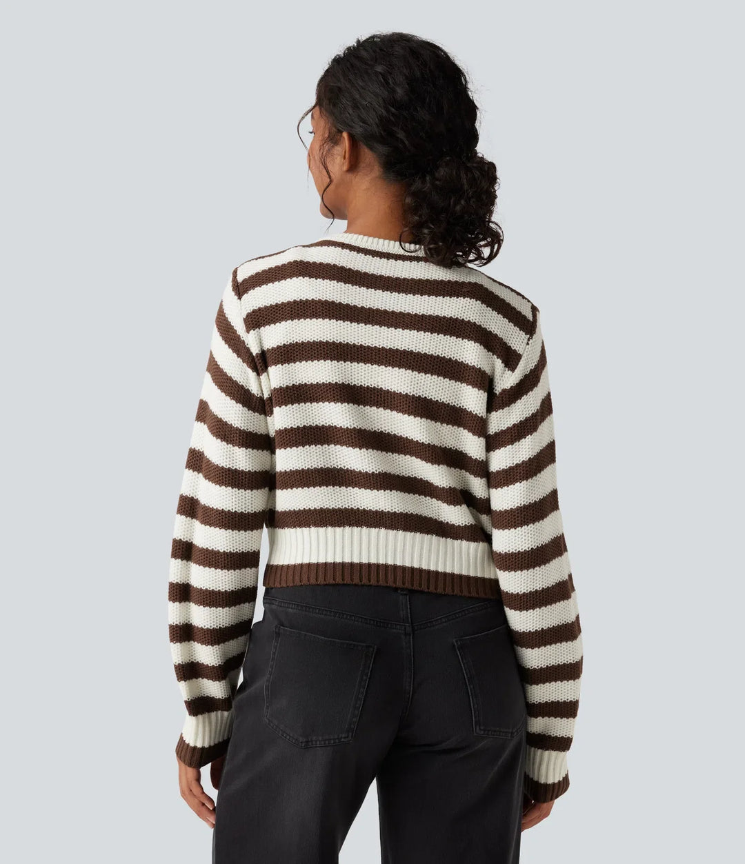 Round Neck Long Sleeve Stripe Work Cardigan