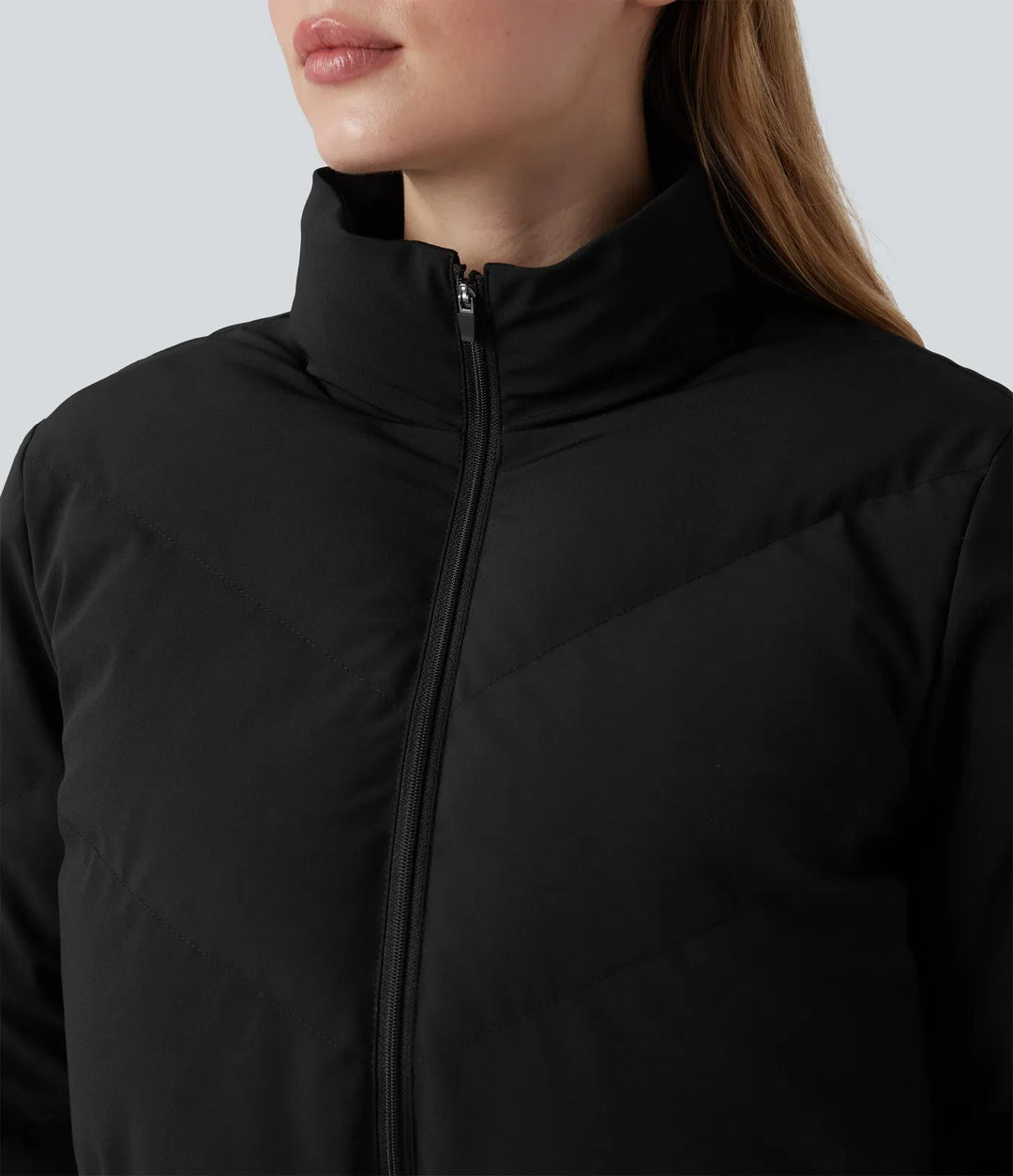 PuffFlex 3-in-1 Stand Collar Casual Cropped Puffer Coat &amp; Thumb Holes Curved Hem Jacket with Pocket