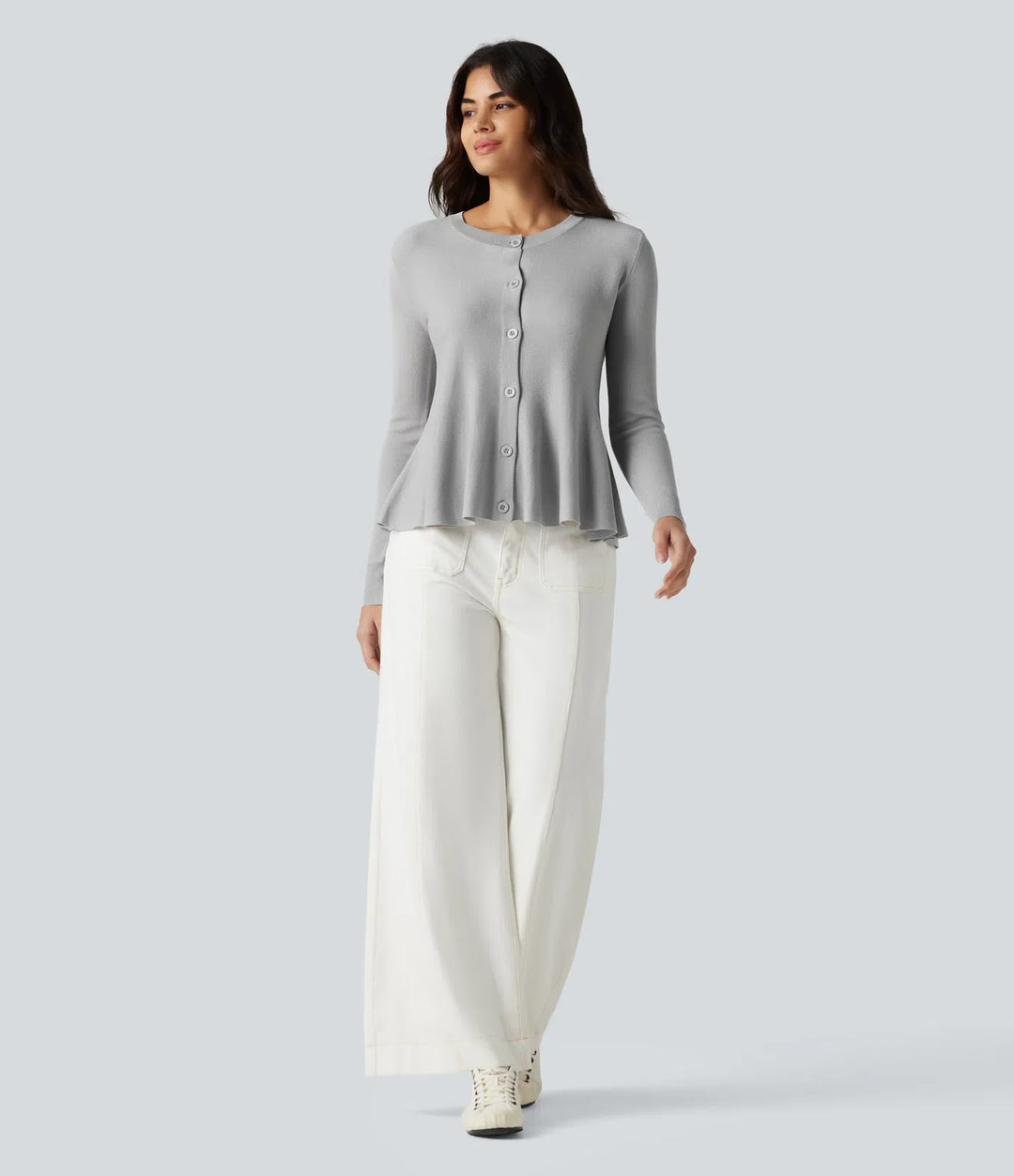 Round Neck Long Sleeve Ruffle Hem Work Cardigan