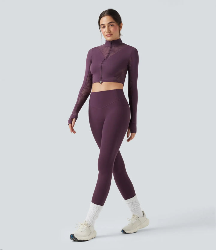 SoftlyZero Thumb Holes Contrast Lace Double Zipper Yoga Jacket