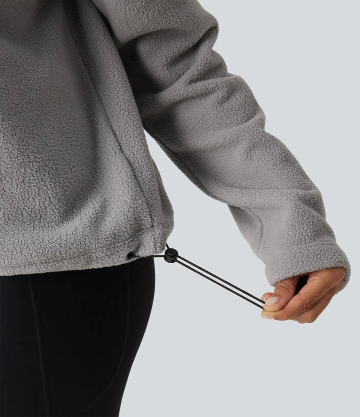 High Neck Drawstring Long Sleeve Gathered Hem Fleece Casual Sweatshirt