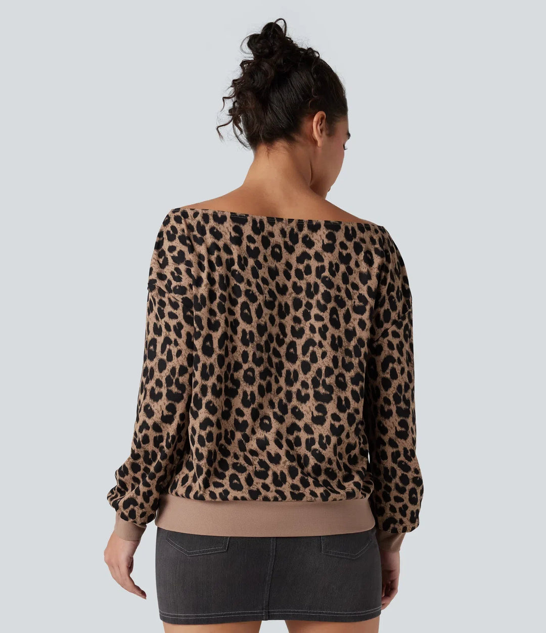 One-shoulder Long Sleeve Waffle Leopard Casual Sweatshirt with Pockets