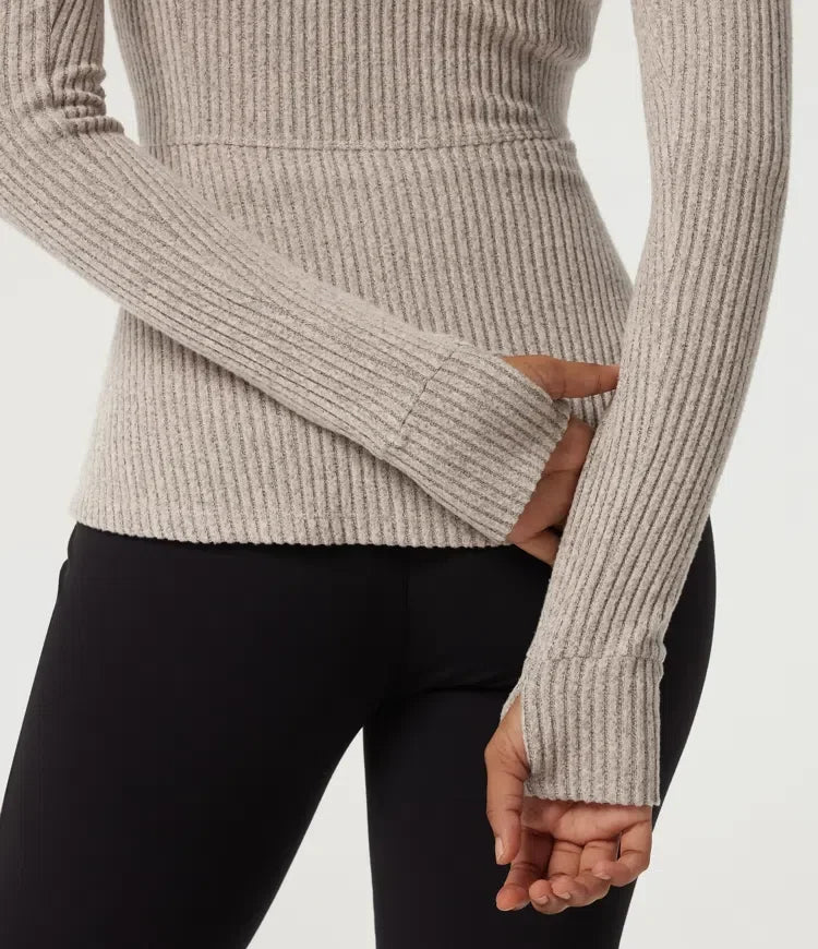 Ribbed Knit Mock Neck Long Sleeve Yoga Track Jacket with Pockets