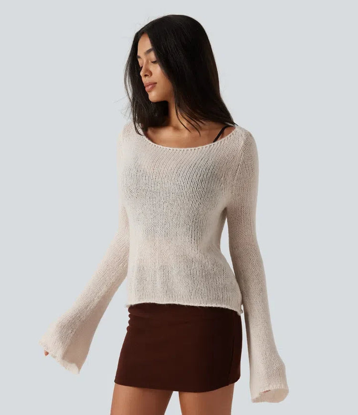 Boat Neck Flounce Long Sleeve Tie Back Casual Wool-Blend Sweater