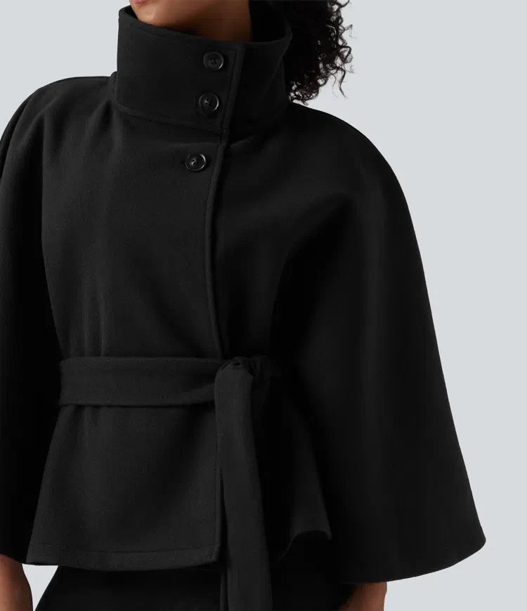 High-neck Long Sleeve Belted Work Cape Coat