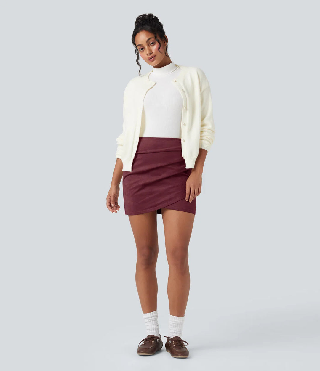 High Waisted Ruched Crossover Hem Bodycon Mini Suede Casual Skirt