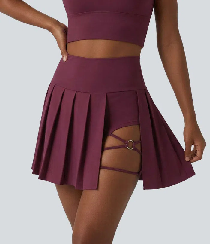 Breezeful High Waisted Pleated 2-in-1 Asymmetric Hem Quick Dry Mini Dance Skirt with Pockets-Longer Length