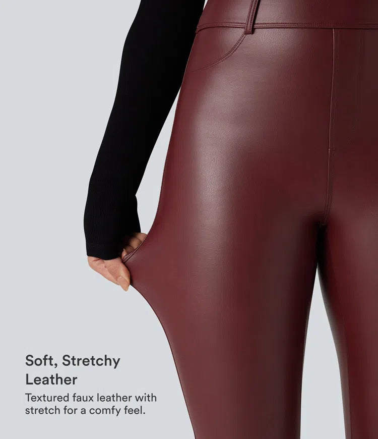 High Waisted Stretchy PU Fleece Casual Leggings with Pockets