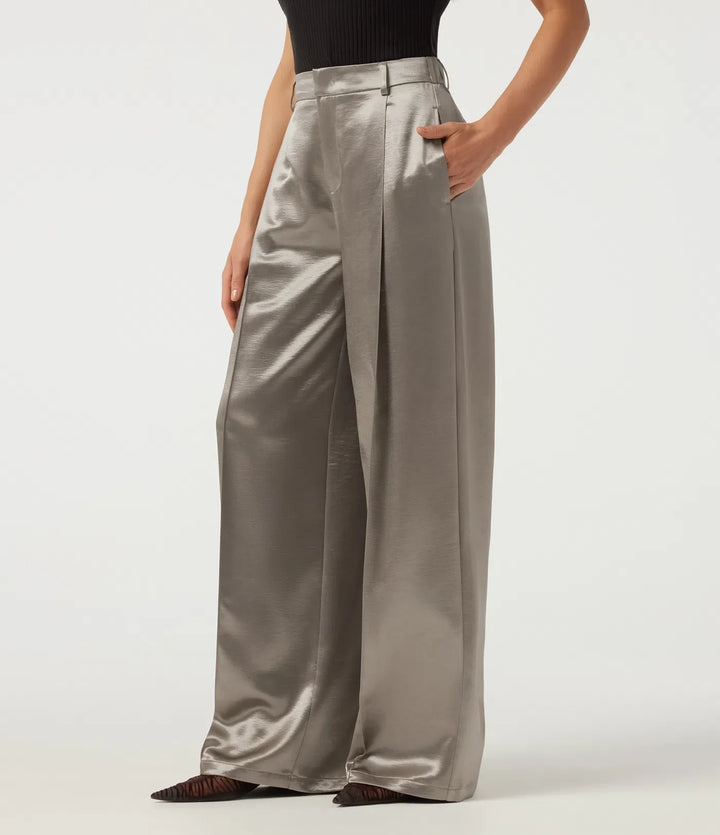 High Waisted Straight Leg Satin Work Pants with Pockets