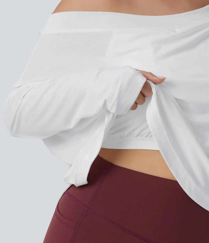 One Shoulder Long Sleeve Thumb Hole Curved Hem High Low Quick Dry Yoga Plus Size Sports Top-Built-in Bra