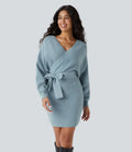 Crossover V Neck  Batwing Long Sleeve Belted Mini Casual Sweater Dress