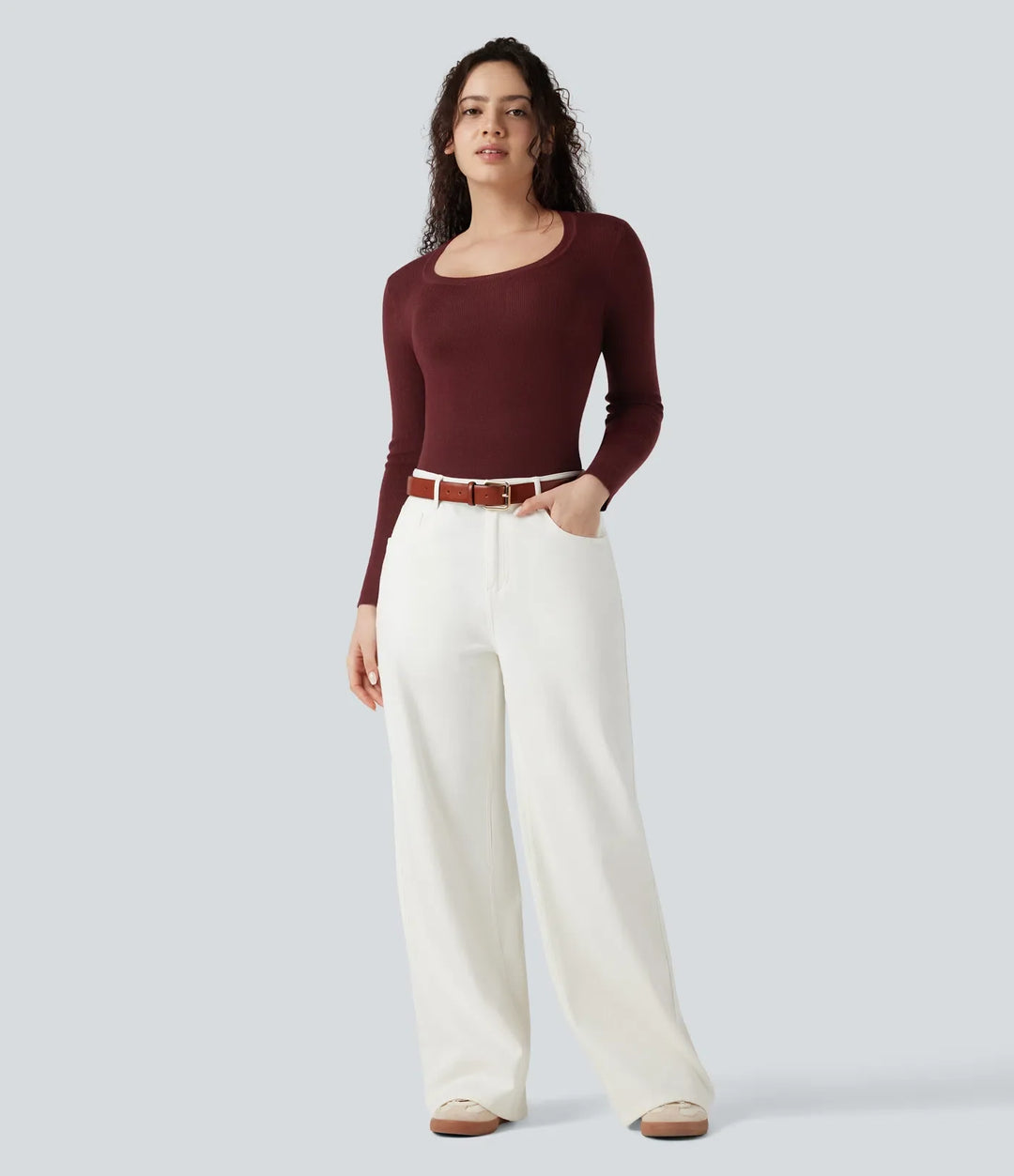 U-Neck Long Sleeve Wool-Blend Casual Sweater