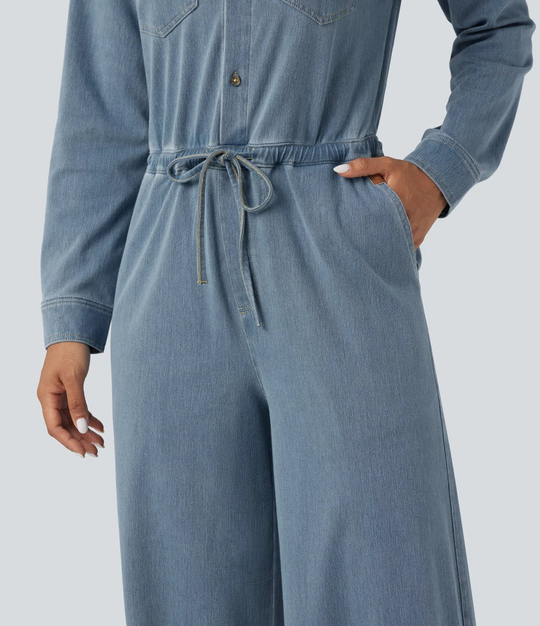 Halara Flex Long Sleeve Drawstring Wide Leg Washed Denim Casual Jumpsuit with Pockets-Easy Peezy Edition