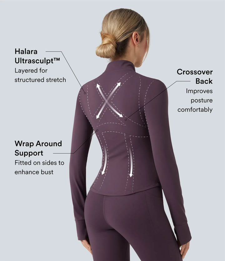 Halara UltraSculpt Mock Neck Ruched Push-Up Long Sleeve Thumb Hole Yoga Jacket with Pockets