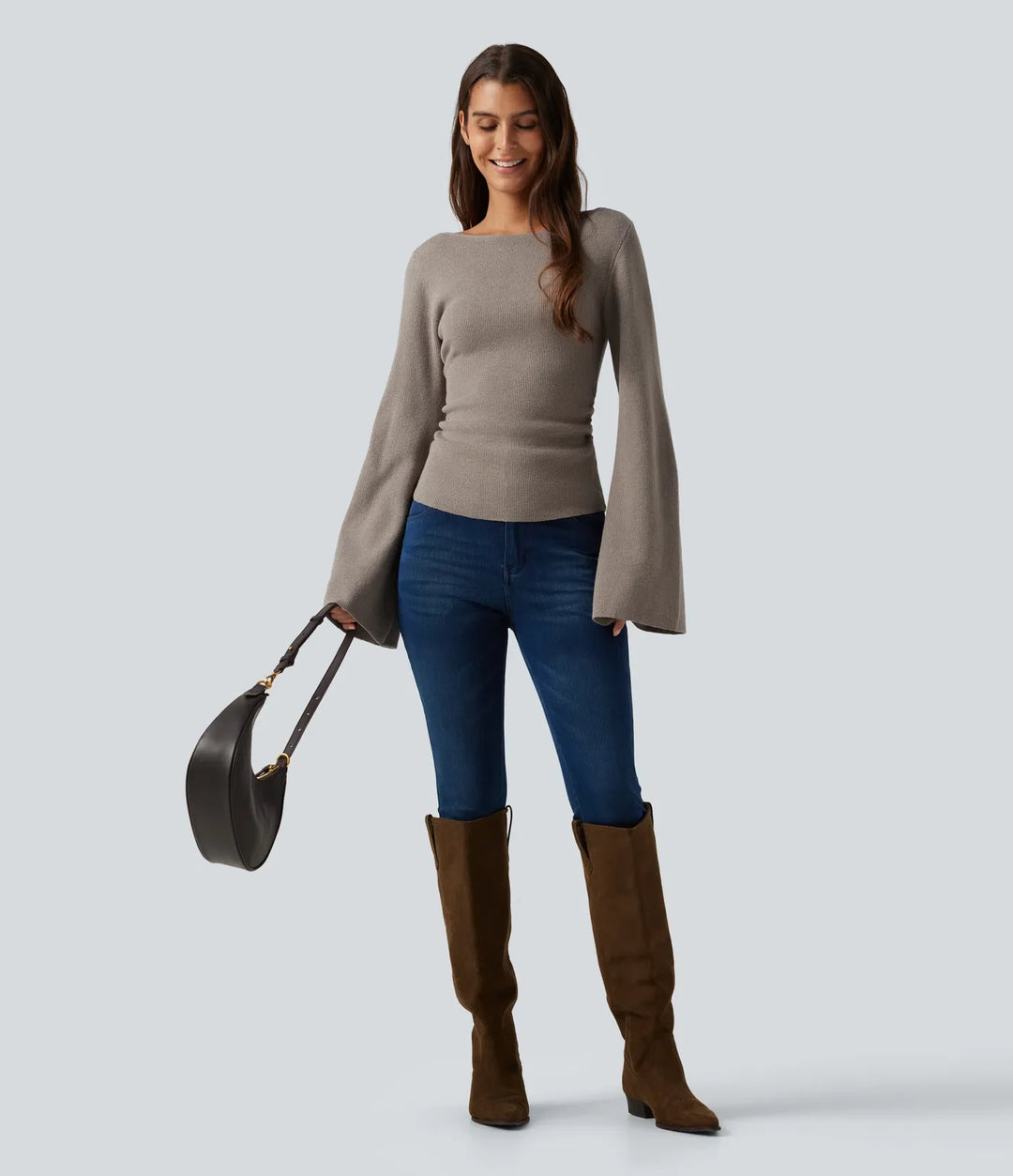 Boat Neck Flounce Long Sleeve Casual Sweater