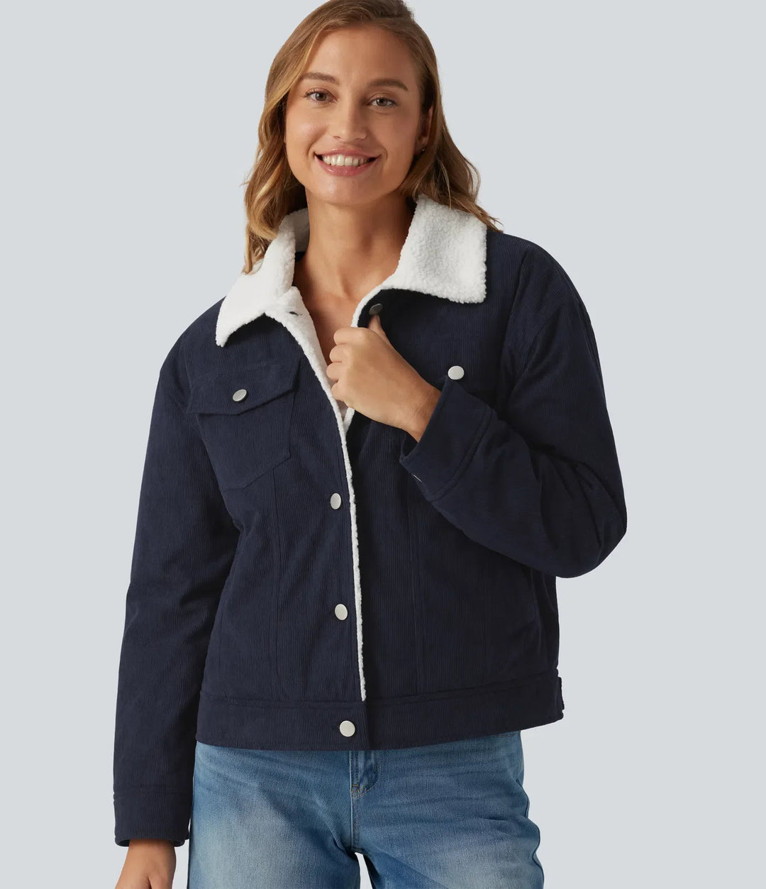 Stand Collar Long Sleeve Corduroy Casual Jacket with Pockets