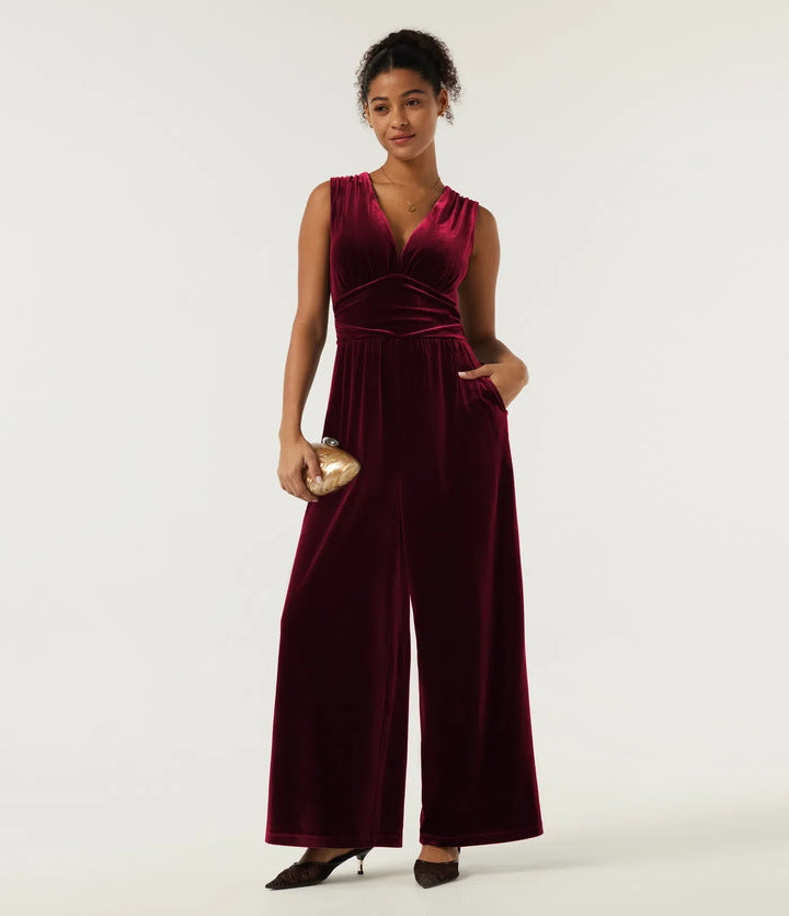 V Neck Ruched Wide Leg Velvet Party Jumpsuit with Built-in Bra and Pockets -Easy Peezy Edition