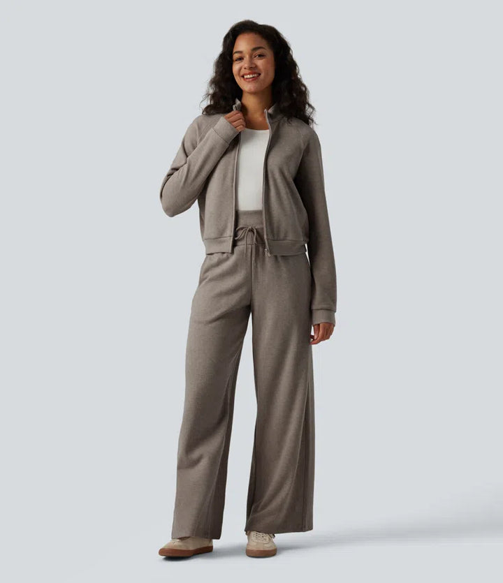 Ribbed Stand Collar Long Sleeve Zipper Casual Jacket with Pockets