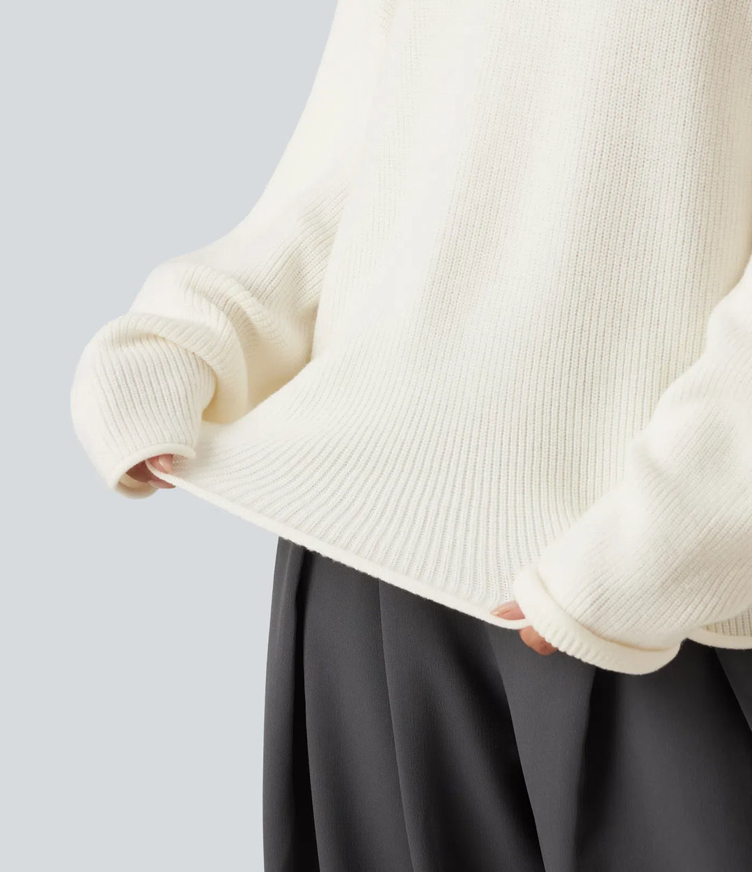 Round Neck Long Sleeve Rolled Hem Work Sweater
