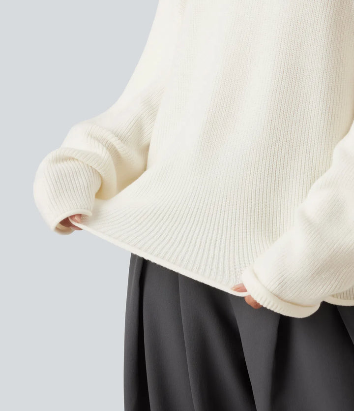 Round Neck Long Sleeve Rolled Hem Work Sweater