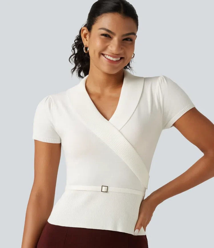 V Neck Short Sleeve Ruched Slim Casual Sweater