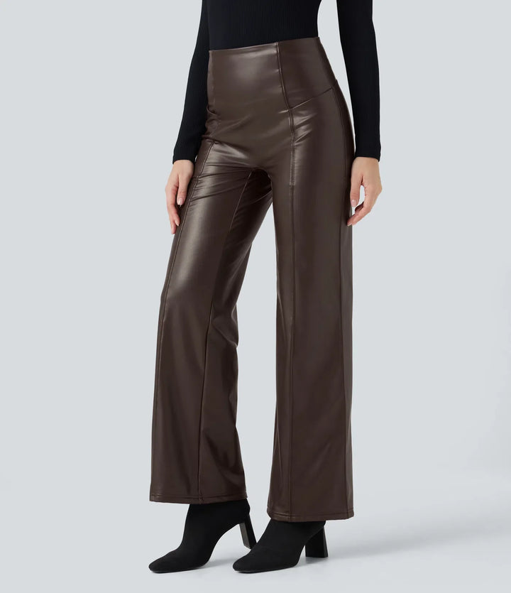 High Waisted Tummy Control Stretchy PU Fleece Casual Flare Pants with Pockets