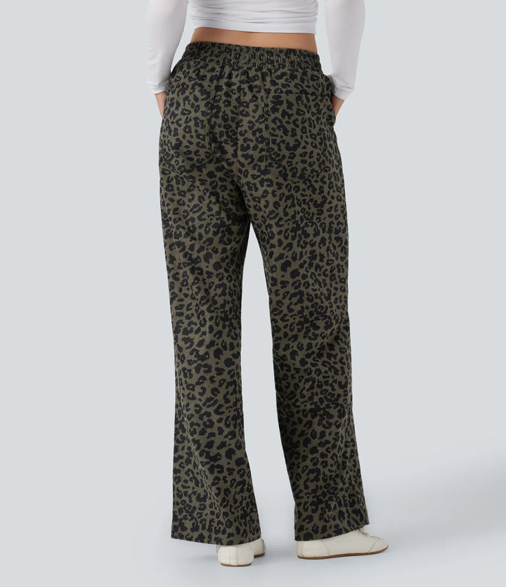 High Waisted Leopard Print Corduroy Casual Baggy Pants with Pockets