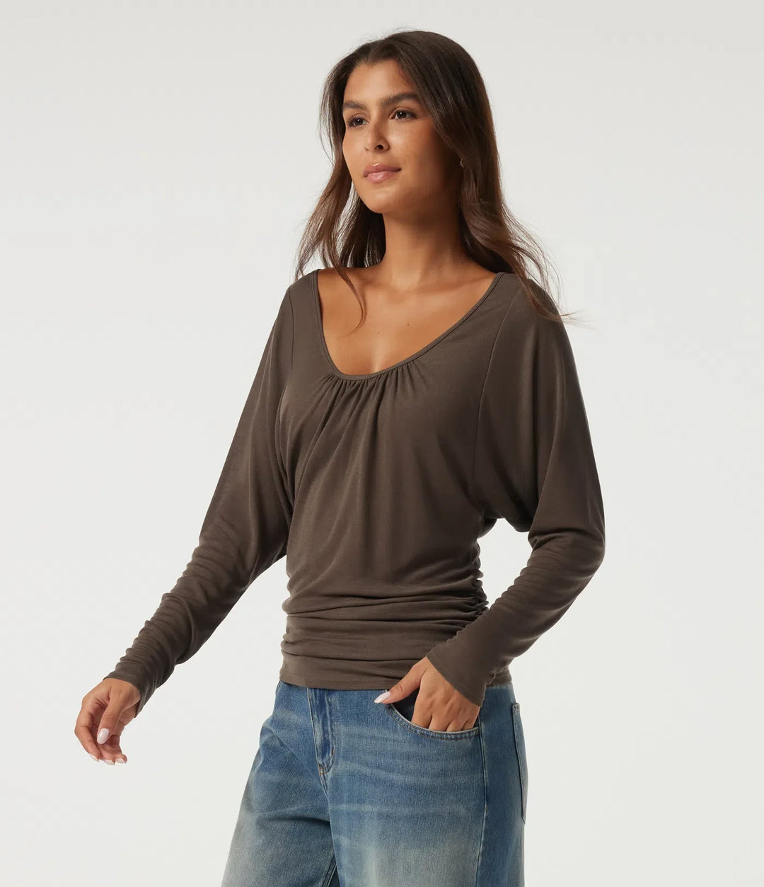 Scoop Neck Batwing Long Sleeve Slim Ruched Casual Top
