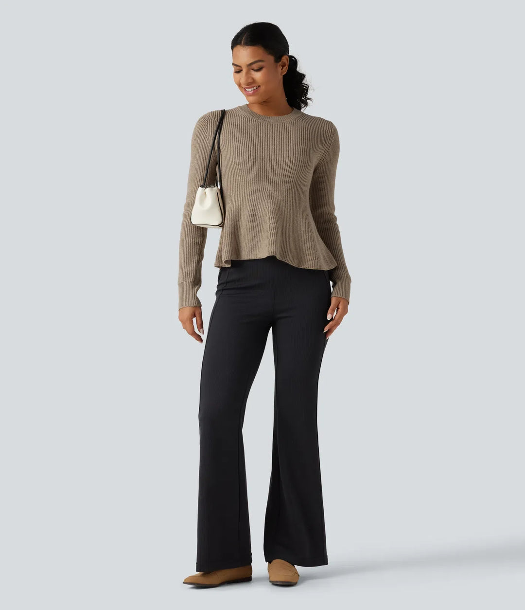 Round Neck Long Sleeve Ruffle Hem Work Sweater