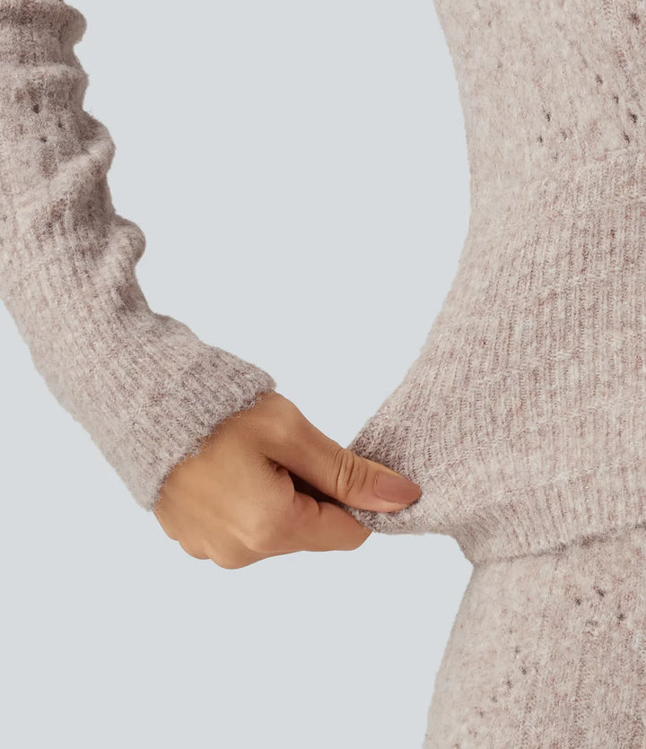 V Neck Long Sleeve Scallop Hem Open Knit Casual Sweater